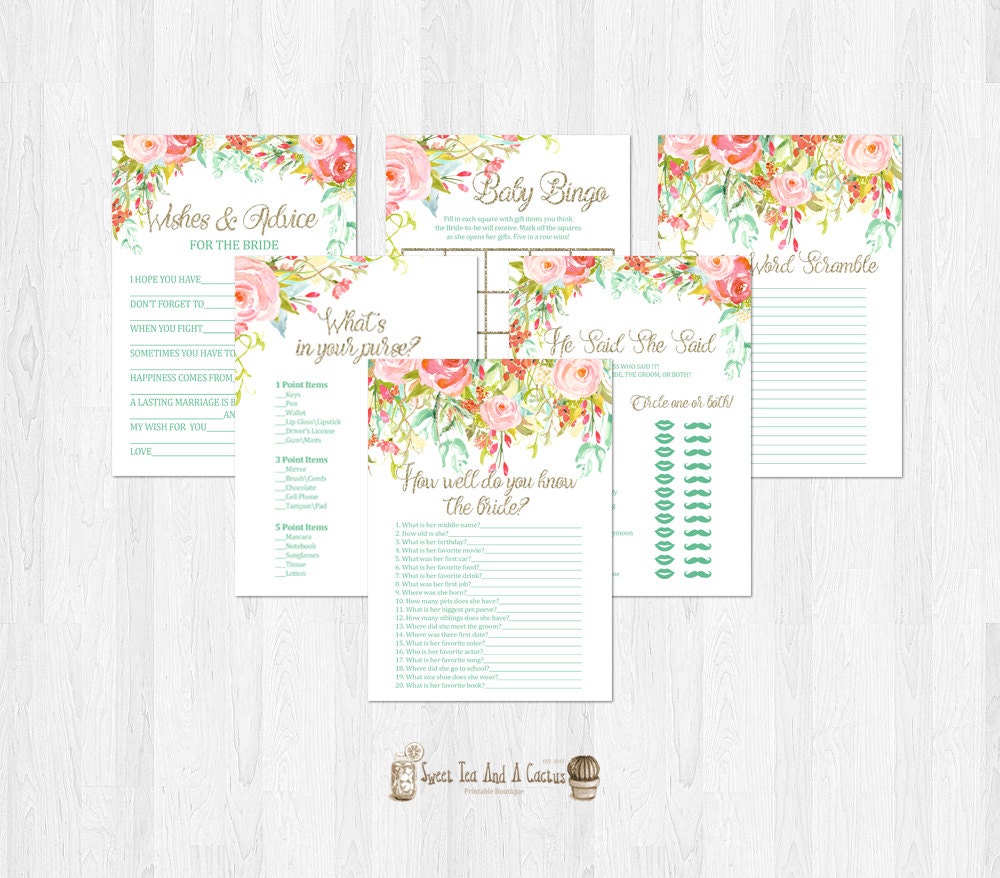 Bridal Shower Game Set Floral Teal Pink Gold Printable Digital Etsy