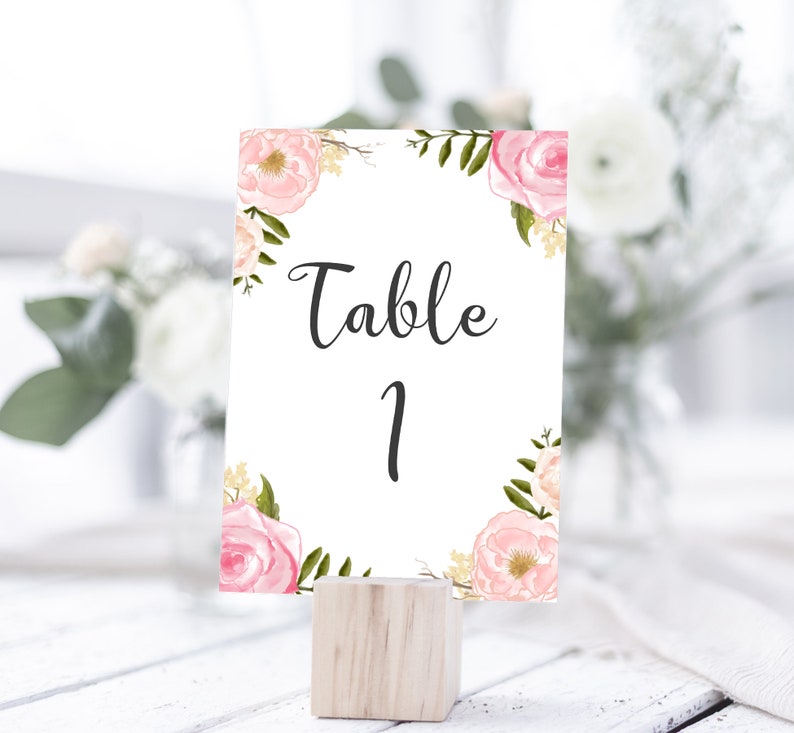 Pink Floral Table Numbers Wedding Table Signs Bridal Shower Baby Shower Flower Decor Garden Tea Party Watercolor Rose image 1