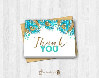 Peacock Feather Thank You Card Gold and Turquoise Blue Printable Digital File Instant Download Note Cards Bridal Shower Birthday Baby Shower