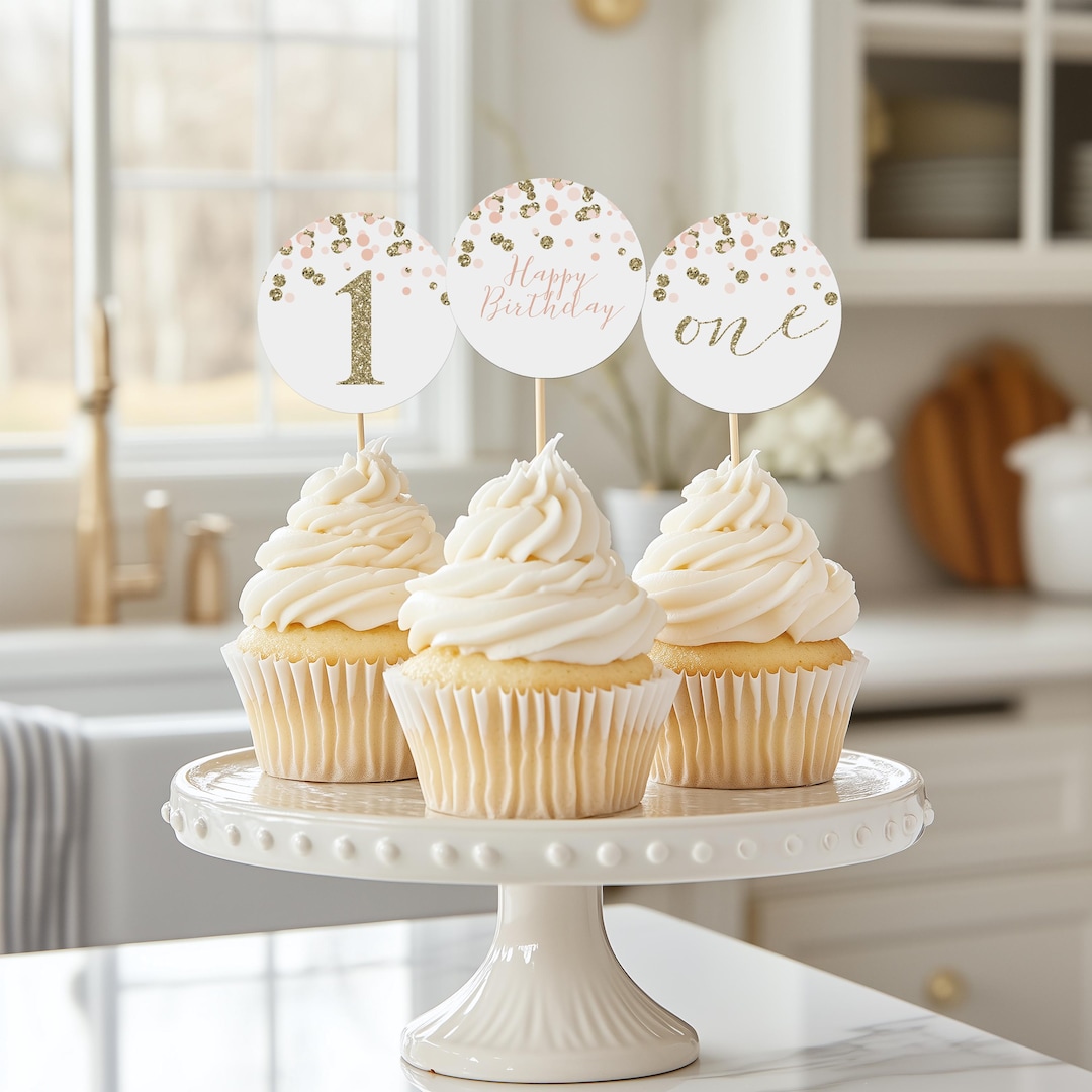 Blush Pink and Gold Glitter First Birthday Cupcake Toppers Printable ...