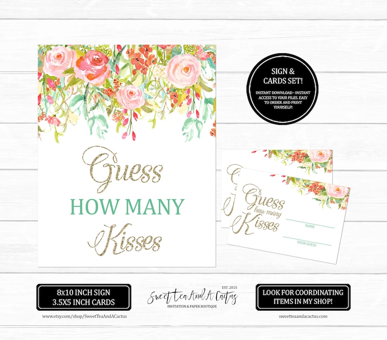 Guess How Many Kisses Game Set Printable Digital File Floral and Gold Glitter Bridal Shower Wedding Games Instant Download