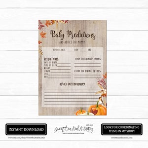 Carte de prédictions et de conseils - Baby Shower de citrouille rustique d’automne - Conseils pour les cartes de maman - Téléchargement de fichiers numériques imprimables
