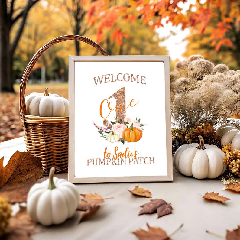 May include: A framed sign with the text "WELCOME One to Sadie's PUMPKIN PATCH" is surrounded by pumpkins, fall foliage, and a wicker basket. The sign features a glittery number one and floral accents, perfect for a fall-themed celebration.