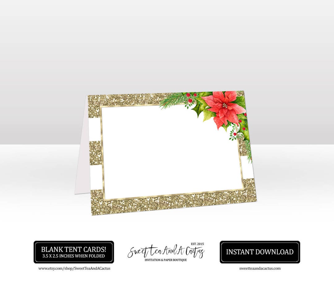 Gold Christmas Tent Card Printable Red Poinsettia Holiday Place Name Cards Food Buffet Table ...
