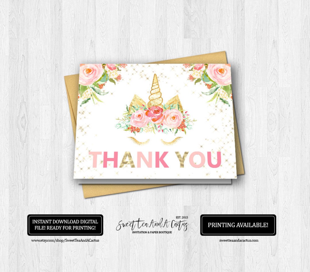 Unicorn Thank You Card Printable Digital File Pink and Gold - Etsy