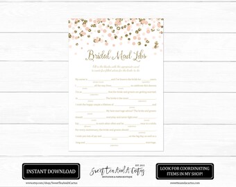 Bridal Mad Libs Printable Blush Pink and Gold Glitter Wedding Shower Digital File Instant Download Shower Wishes and Advice Games Game