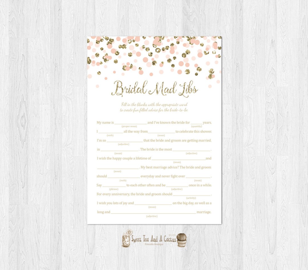 Bridal Mad Libs Printable Blush Pink and Gold Glitter Wedding - Etsy