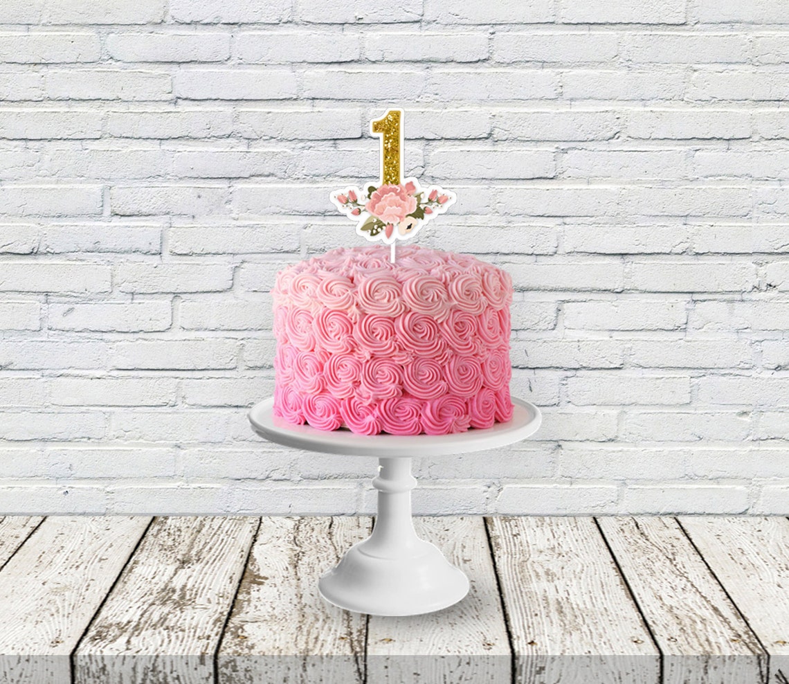 Pink and Gold First Birthday Cake Topper Printable Glitter - Etsy