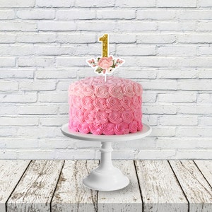 Pink Floral First Birthday Cake Topper: Gold Glitter Printable (Digital Download)