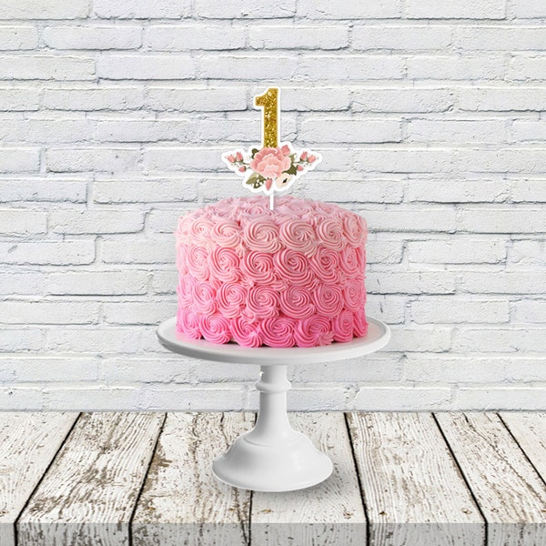 Pink and Gold First Birthday Cake Topper Printable Glitter Floral Flower Girls Girl Kids Children s Babies Boho Shabby Chic Bling Download