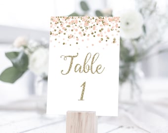 Blush Pink und Gold Konfetti Tischnummern Hochzeit Brautdusche Baby-Verlobungsfeier Geburtstag Ereignis Druckbare Digitale Datei Glitzer
