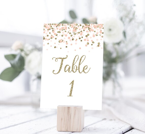 Blush Pink Gold Confetti Table Numbers: Wedding, Bridal Shower (Digital File)