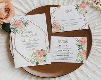 Blush Pink Floral Wedding Invitation Set - Wedding Suite - Editable Digital Files