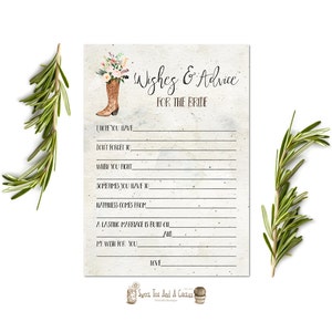 Rustic Boot Wishes and Advice for the Bride Printable Card Wedding Shower Game Instant Download Printable Country Western Cowgirl Floral