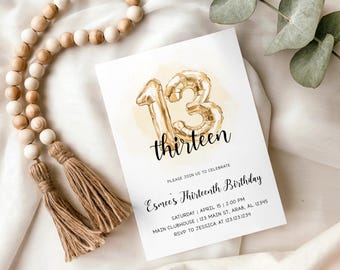 Thirteenth Birthday Invitation - Gold Balloon 13 Invites - Editable Digital File - Girls 13th Birthday