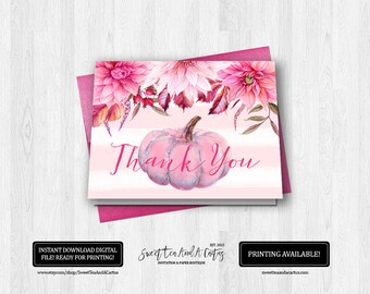 Tarjeta de agradecimiento con flores de calabaza rosa: Tarjetas de otoño (archivo digital)