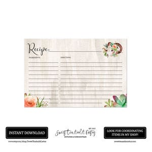Boho Recette Carte Sud-Ouest Chèvre Crâne Succulent Floral Bridal Shower Mariage Cuisine Livre de recettes Livre numérique Fichier Téléchargement instantané