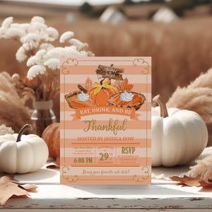 Thanksgiving Invitation Orange and Gold Holiday Dinner Party Invites Fall Autumn Editable Digital File Pumpkin Pie