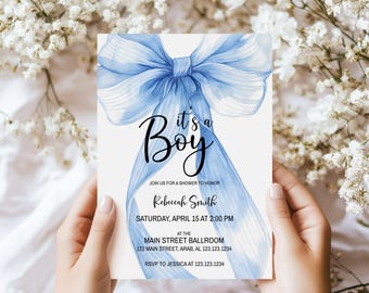 Blue Bow Baby Shower Invitation: Minimalist Coquette Design