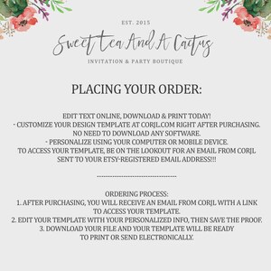 May include: A light gray invitation template with floral accents and the text "Sweet Tea And A Cactus." Instructions for ordering and customizing the template are included. The boutique's establishment year, 2015, is also displayed.