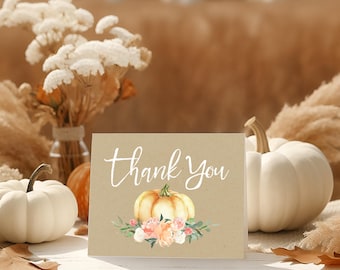 Tarjeta de agradecimiento para baby shower con diseño de calabaza de otoño: Floral rosa melocotón (archivo digital imprimible)