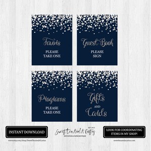 Letrero de boda con confeti azul marino y plateado (descarga digital)