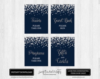 Navy and Silver Confetti Wedding Sign Set - Glitter Wedding Decor - Navy Blue Signs - Favors - Gifts and Cards - Programs Sign - Guest Book