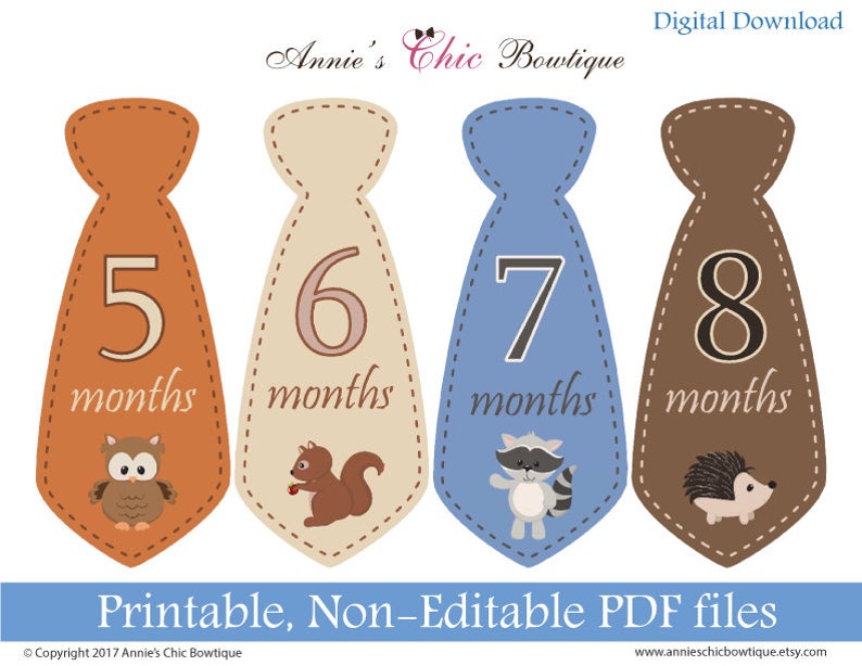 Printable Sticker baby boy monthly sticker DIY monthly stickers Baby Milestone Tie Sticker Printable monthly tie stickers woodland P200