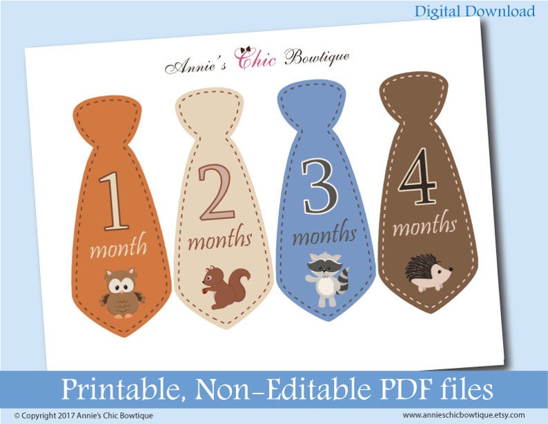 Printable Sticker baby boy monthly sticker DIY monthly stickers Baby Milestone Tie Sticker Printable monthly tie stickers woodland P200