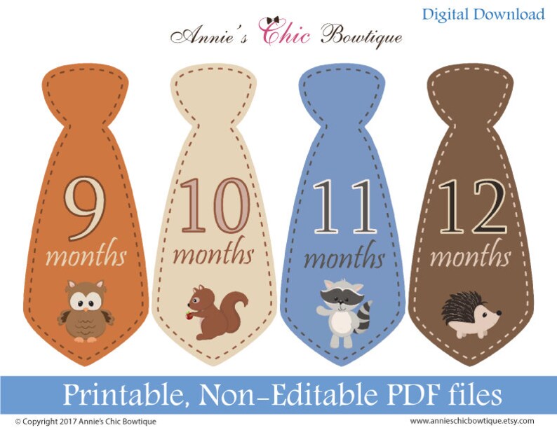 Printable Sticker baby boy monthly sticker DIY monthly stickers Baby Milestone Tie Sticker Printable monthly tie stickers woodland P200