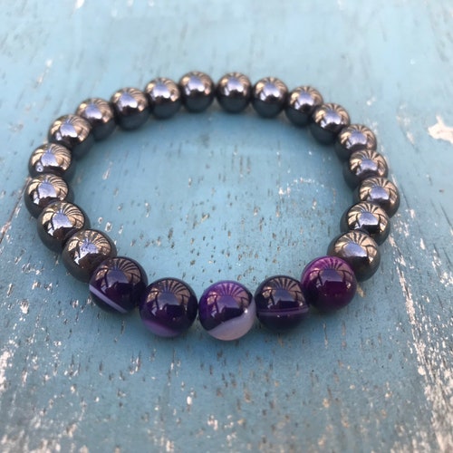 Womens Magnetic Bracelet - Magnetic Hematite Bracelet - Magnetic Bracelet for Women - Large Magnetic Bead Bracelet - Purple Agate Bead Brace