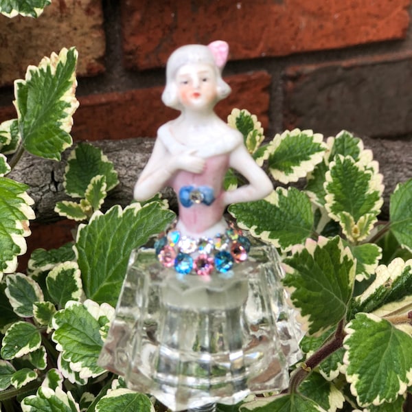 Vintage Glass Houseplant Miniature Garden Totems/Plant Stakes....Super-mini pink and blue half-doll