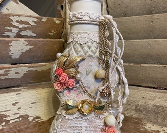 Farmhouse Decor/Altered bottle art/Vintage bottles/lace/vintage jewelry/ivory chalk paint