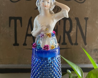 Vintage Glass Houseplant Miniature Garden Totems/Plant Stakes....Blue Rose Lady