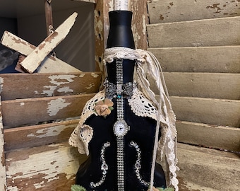 Farmhouse Decor/Altered bottle art/Vintage bottles/lace/vintage jewelry/black chalk paint