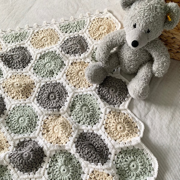 PATTERN | Coastline Hexie Baby Blanket | Crochet Sunburst Hexagon Blanket | Granny Square | Beach Boho | Pom-Pom Border | DIGITAL DOWNLOAD