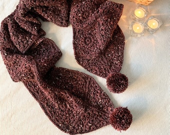 CROCHET PATTERN & VIDEO | Island Time Pom Pom Scarf,  Large Sunburst Granny Square, continuous join as you go, winter scarf