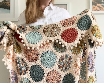 PATTERN | Coastline Sunburst Hexie Blanket x Terracotta Collection Hue Loco Yarn | Crochet Hexagon Blanket | Cottage Core | DIGITAL DOWNLOAD