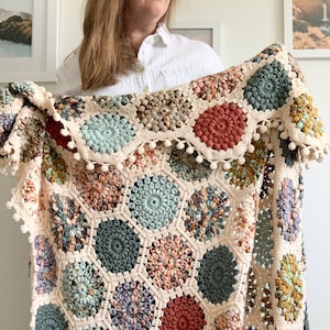 CROCHET PATTERN & VIDEO | Coastline Sunburst Hexie Blanket x Terracotta Collection by Hue Loco Yarn, Large Sunburst Hexagon, Summer Boho