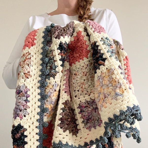 CROCHET PATTERN & VIDEO | Cloudflare Hygge Burst Blanket x Hue Loco Yarn, Sunburst Granny Square, Pom Pom Border, Modern Solid Squares
