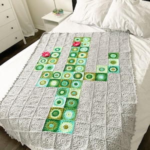 PATTERN | Cactus Granny Square Blanket Pattern | Crochet Granny Square Blanket | Flower Granny Squares | Emerald Green | DIGITAL DOWNLOAD