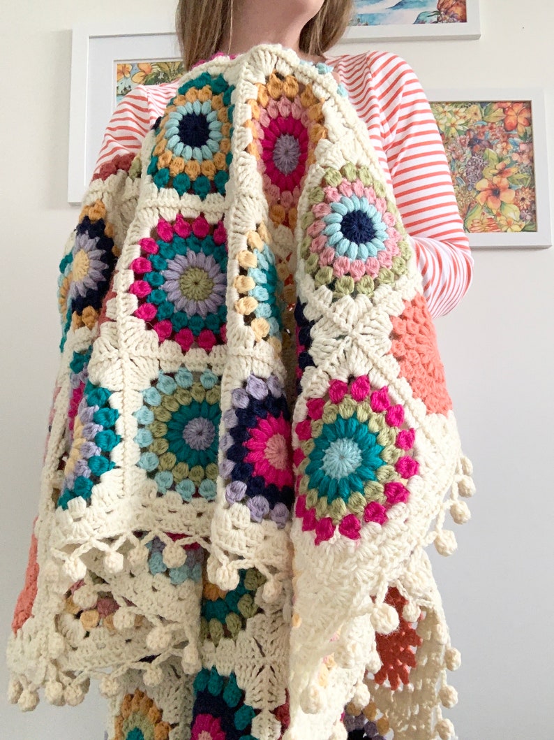 PATTERN Island Time Blanket Crochet Granny Square Blanket Sunburst Granny Square Tropical Boho Pom-Pom Border DIGITAL DOWNLOAD image 5