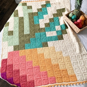PATTERN | Pineapple Granny Square Blanket  | Crochet Starburst Square | Tropical Boho Quilt | Scandinavian Graphgan | DIGITAL DOWNLOAD