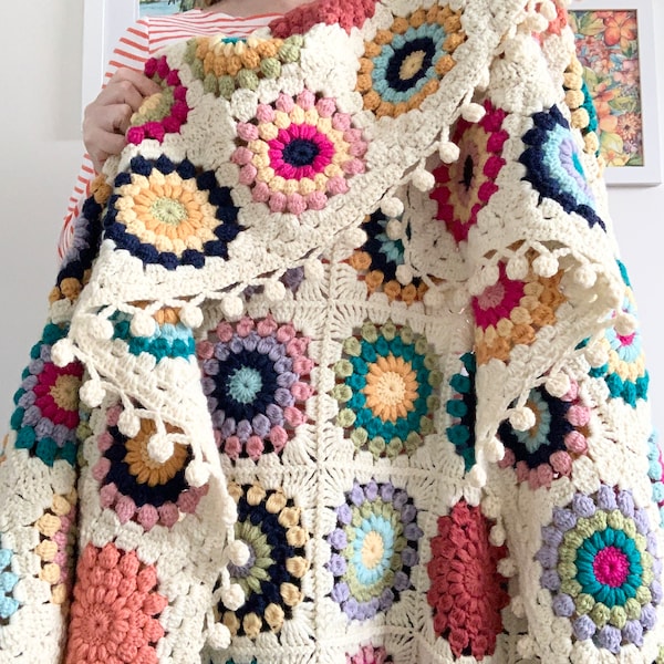 PATTERN | Island Time Blanket | Crochet Granny Square Blanket | Sunburst Granny Square | Tropical Boho | Pom-Pom Border | DIGITAL DOWNLOAD