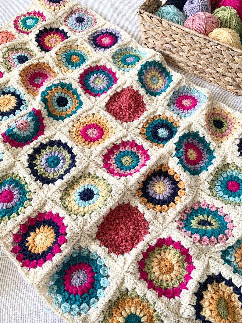 PATTERN Island Time Blanket Crochet Granny Square Blanket Sunburst Granny Square Tropical Boho Pom-Pom Border DIGITAL DOWNLOAD image 9