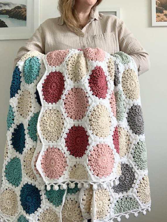 PATTERN Coastline Hexie Baby Blanket Crochet Sunburst Hexagon Blanket Granny Square Beach Boho Pom pom Border DIGITAL DOWNLOAD Etsy Canada