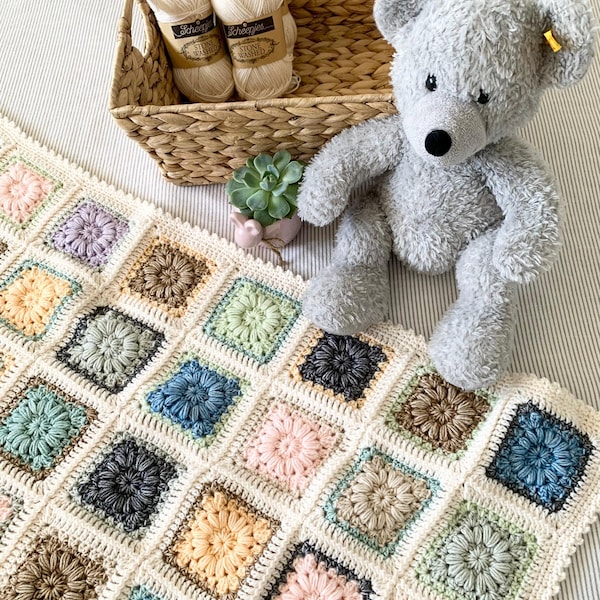 CROCHET PATTERN & VIDEO | Astrid Baby Blanket Pattern, Granny Square Design, Gender Neutral, Included Colour Combinations, Neutral Nursery