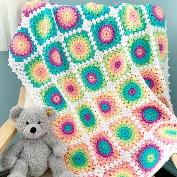 PATTERN | Rainbow Baby Burst Blanket Pattern | Crochet Granny Square Blanket | Sunburst Blanket Pattern | Danish Pastels | DIGITAL DOWNLOAD