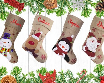 Personalised Hessian Christmas Stockings Embroidered Names, Natural Rustic Stockings with Santa Snowman Reindeer and Penguin
