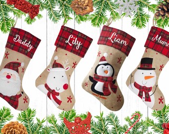 Personalised Hessian and Tartan Christmas Stockings Embroidered Names, Natural Rustic Stockings, Christmas decorations 2023